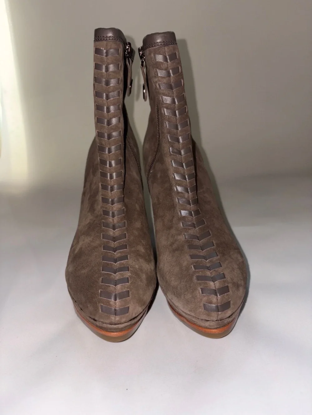 Isola Zurich Brown Suede Wedge‎ Ankle Boots with Braided Trim Size 8.5